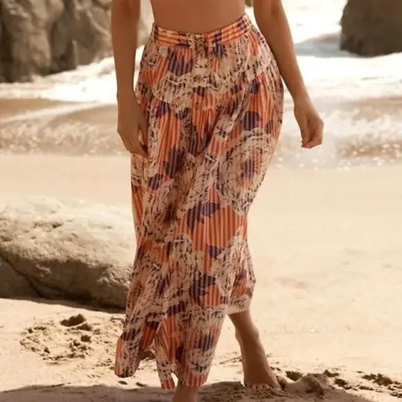 Anthropologie Stripe Floral Button Front A-Line Midi Skirt Cotton Red Blue S - Picture 2 of 15